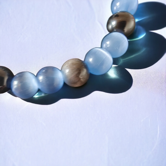 Silver Obsidian & Blue Cate Eye Bracelet Natural Stones 8mm Unisex - Picture 3 of 4